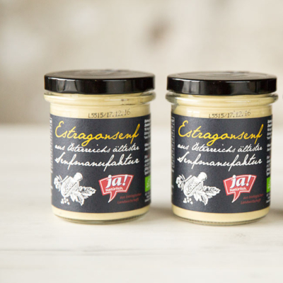 Zwei Gläser Ja! Natürlich Bio-Estragonsenf.